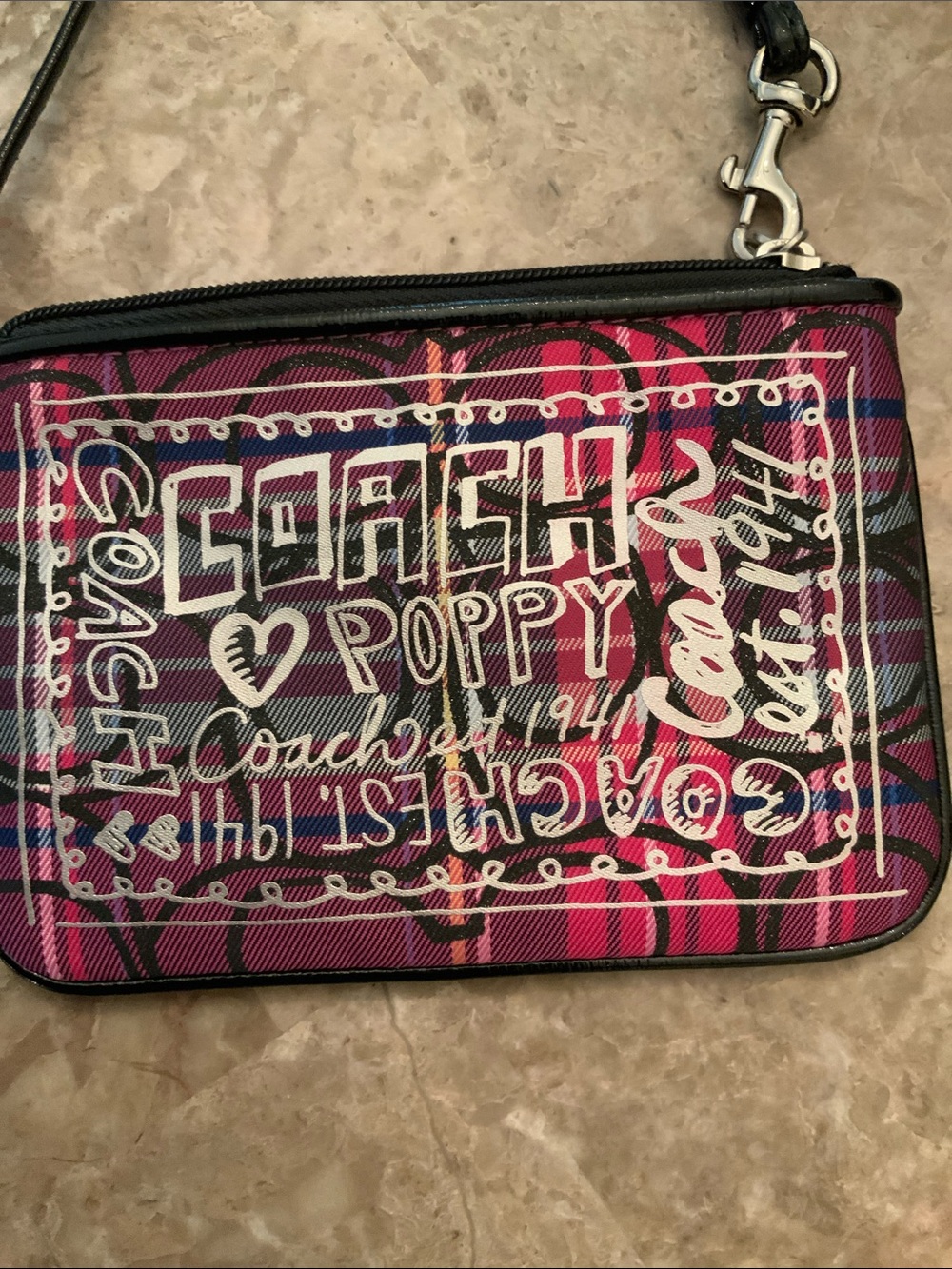 Coach Poppy Pink Plaid Graphic Wristlet GUC - Picture 2 of 15